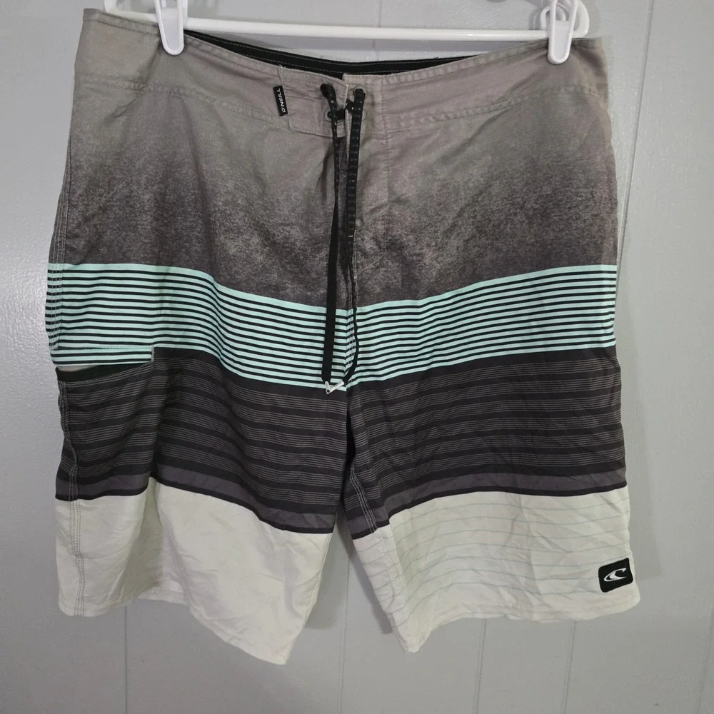 O'Neill Board Shorts Mens 38 Grey‎ Teal Striped Gradient Performance Swim Trunks