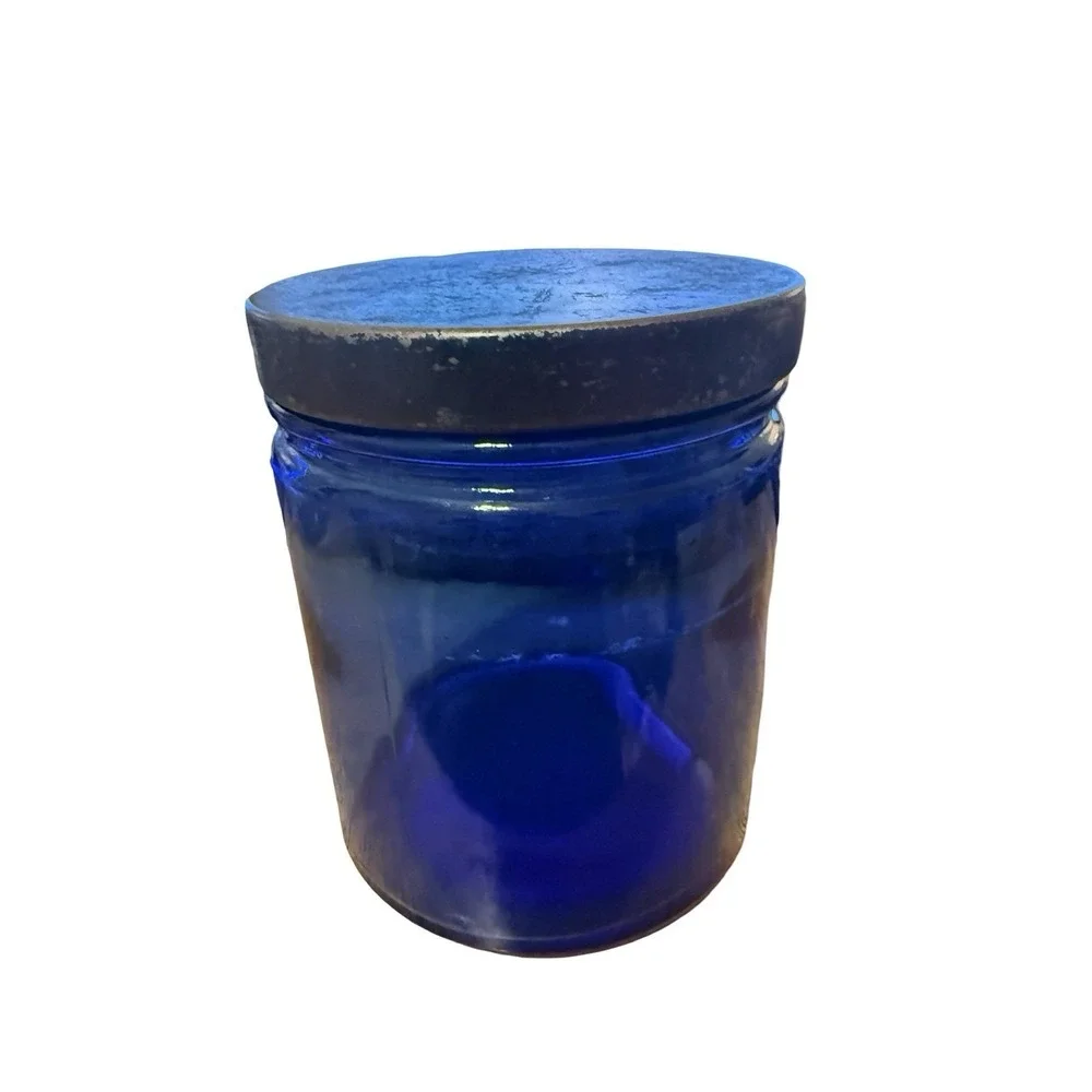 Vintage Maryland Glass Corp Cobalt Blue Jar 4.25 Apothecary Cold Cream Metal Lid