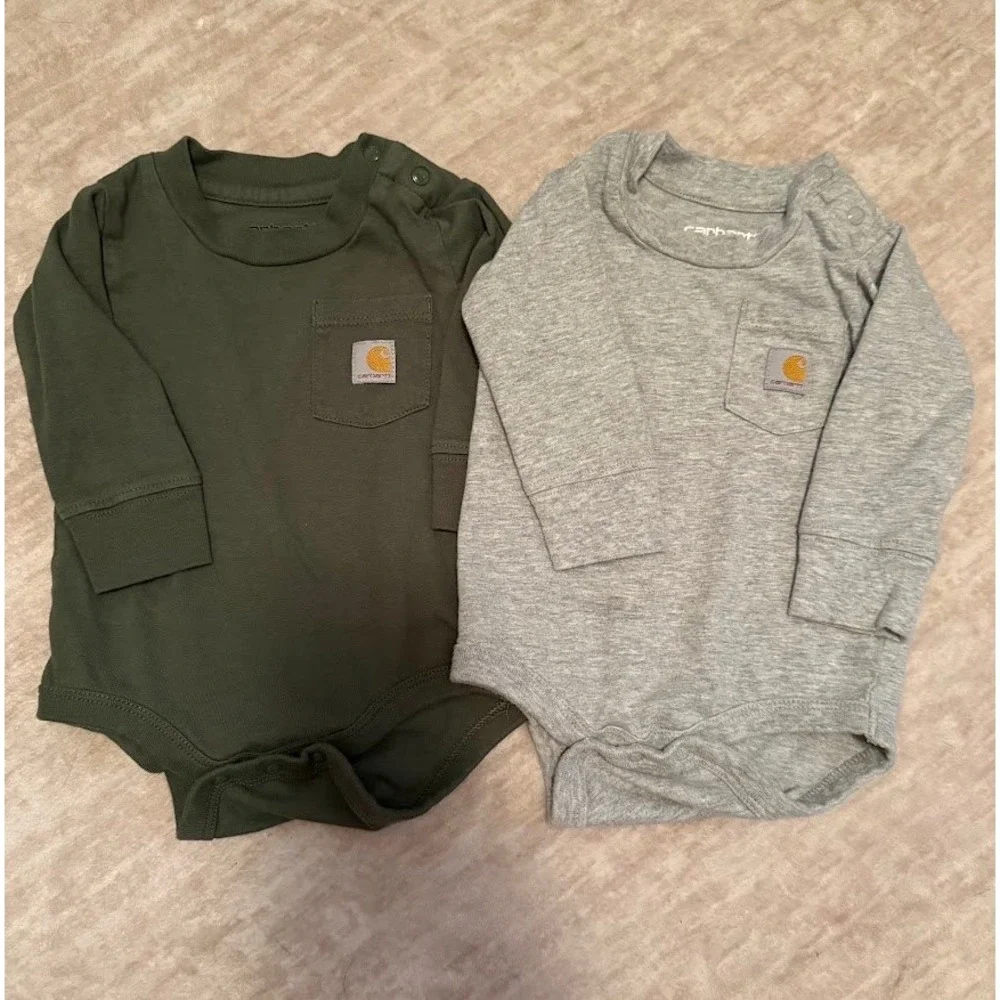 Carhartt Baby Boys Long Sleeve Pocket Bodysuit 2-Pack Olive Grey 3M