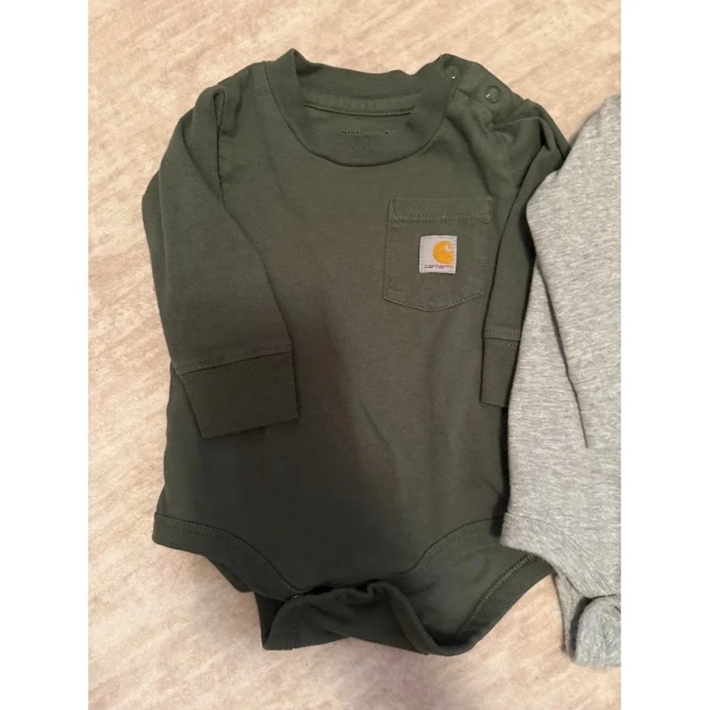 Carhartt Baby Boys Long Sleeve Pocket Bodysuit 2-Pack Olive Grey 3M