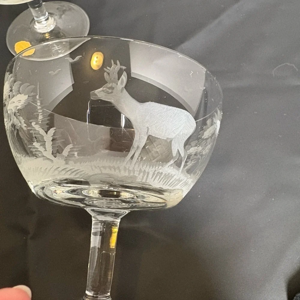 Vintage Etched East Germany Crystal Coupe Set Hunting/Wildlife Scene