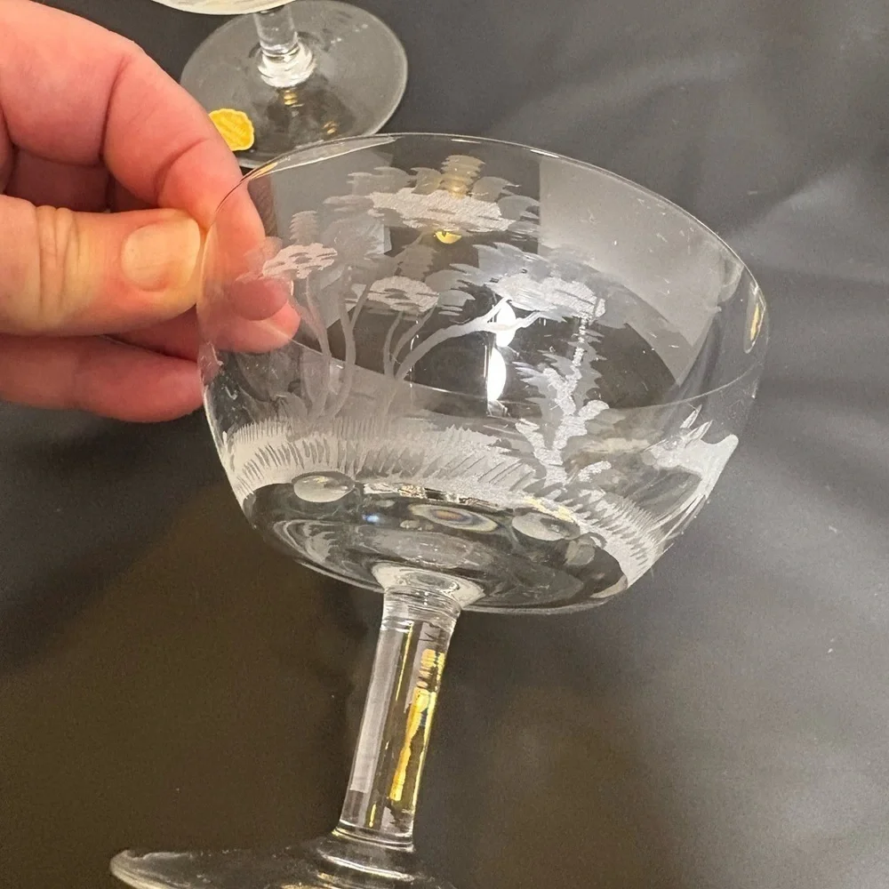 Vintage Etched East Germany Crystal Coupe Set Hunting/Wildlife Scene