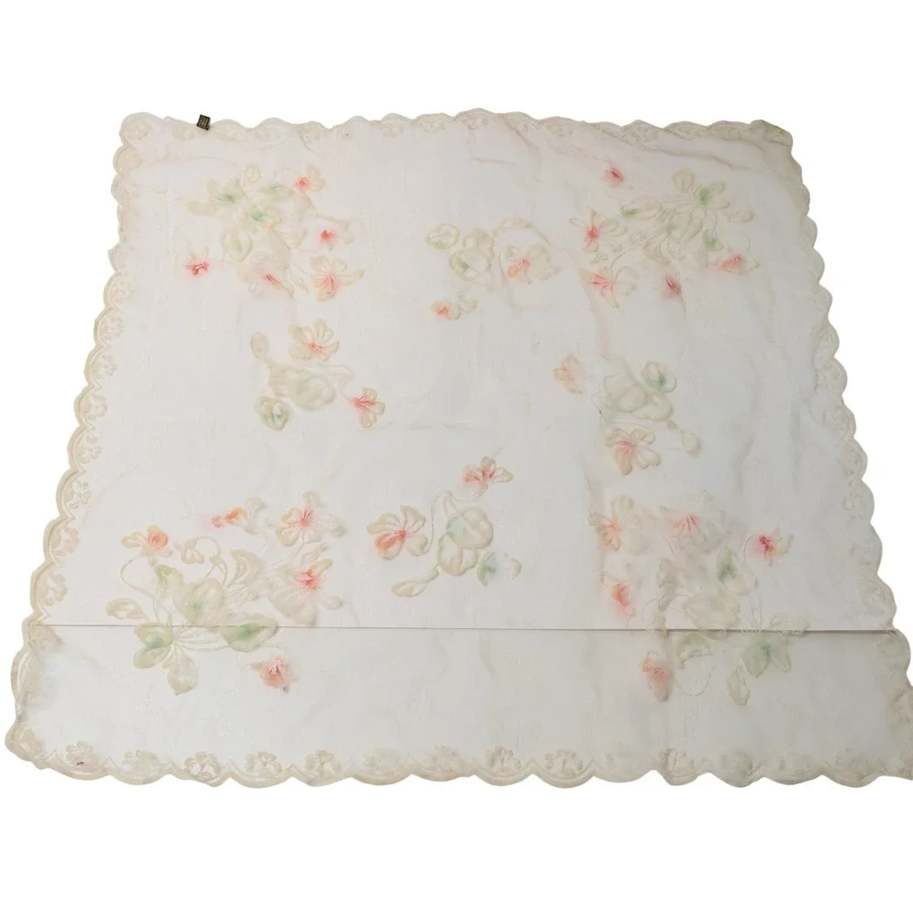Vintage Floral Embroidered Sheer Scalloped Square Scarf Japan Nylon Cream Pink