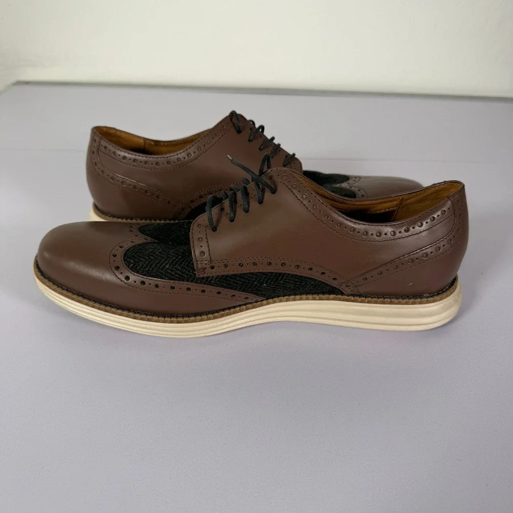 Cole Haan Grand OS Wingtip Oxford Mens 10.5W Brown Leather Wool Tweed C21688