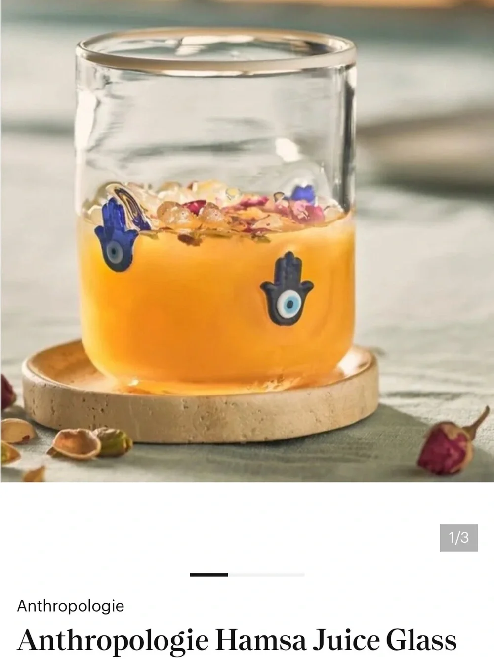 NWT Pair of Anthropologie Clear Juice Glass with Blue Hamsa Motifs