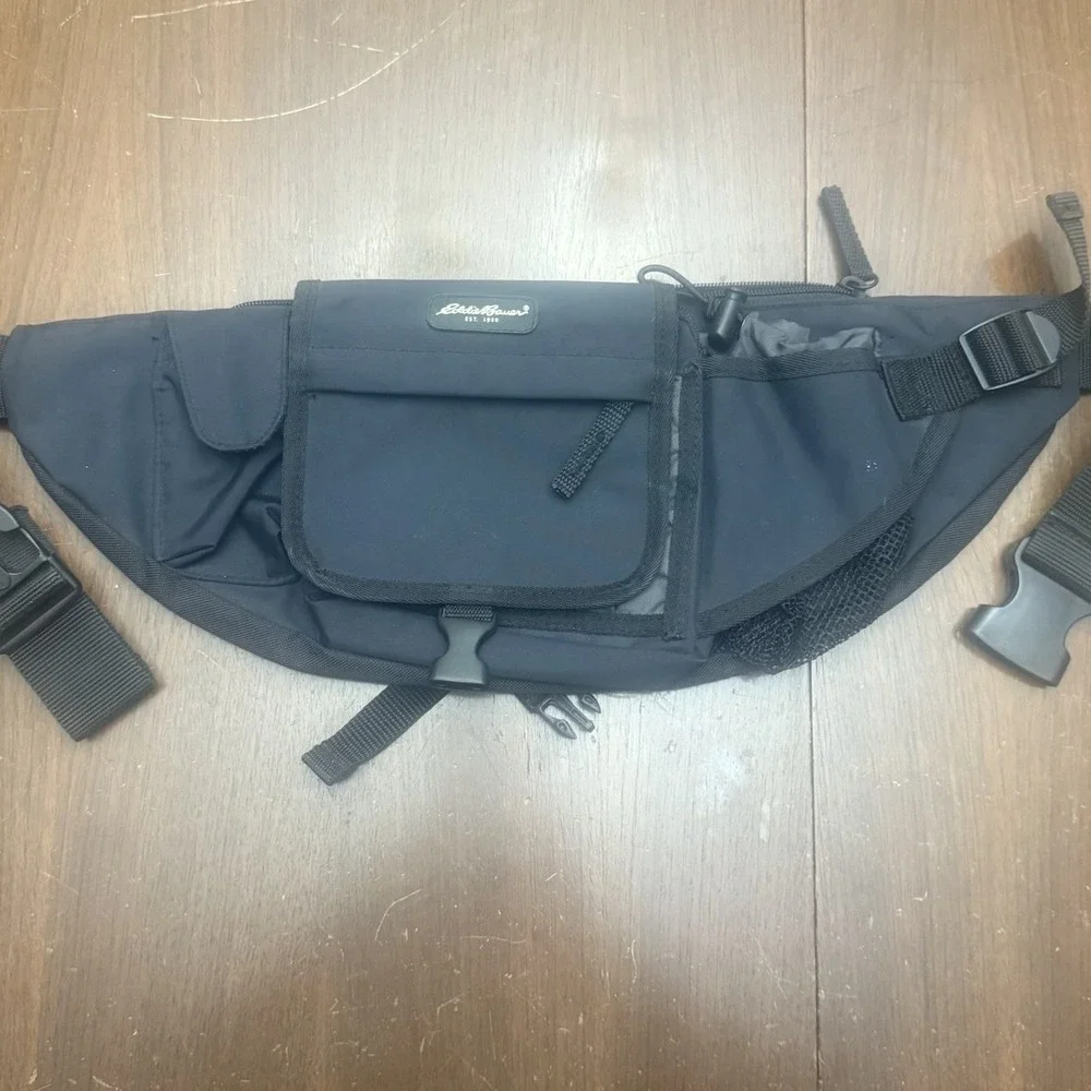 Eddie Bauer Black Waist Pack Fanny Pack Travel Hiking Multi Pocket Adjustable