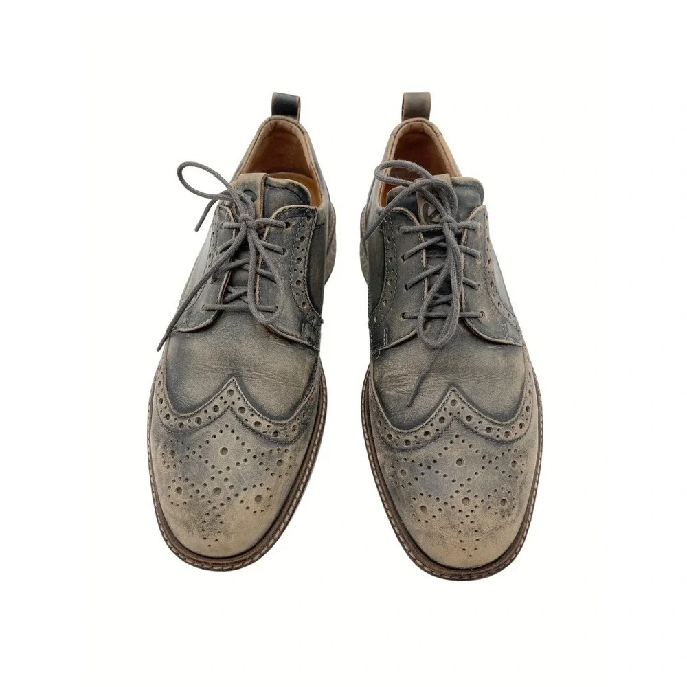 ECCO ST1 Hybrid Wingtip‎ Brogue Oxford Gray Tan Burnish Leather Men 8 Dress Shoe