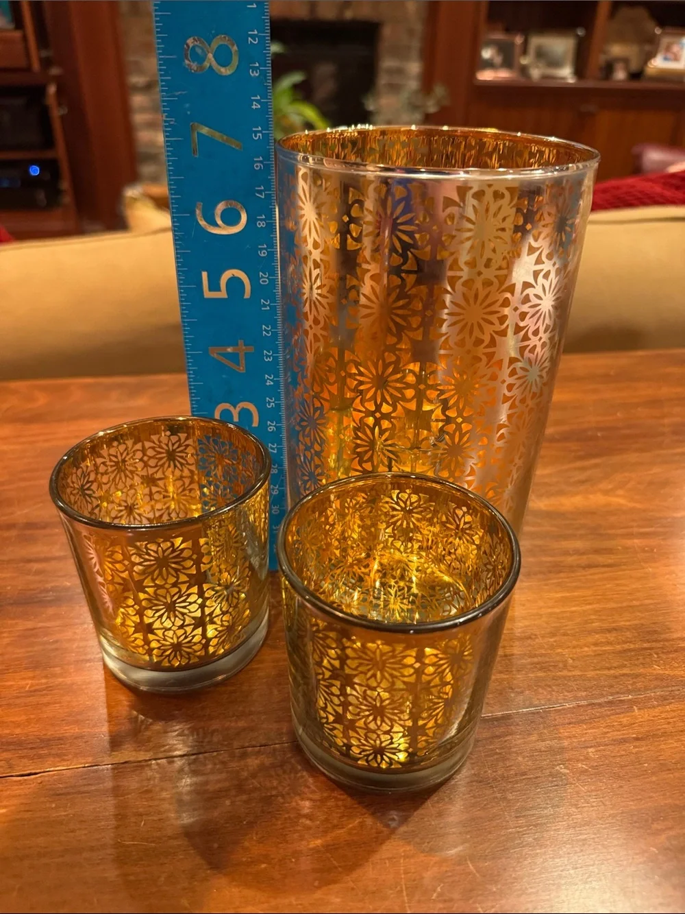 RARE Crate&Barrel Raj Hurricane + 2 Matching Votive Candle Holder Gold Silver