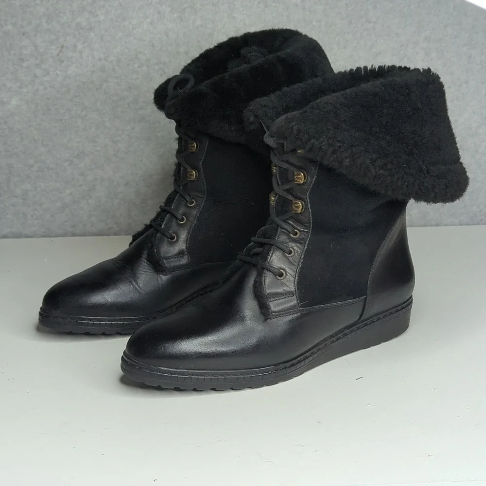 Vintage Italian Black Leather‎ Lace Up Tall Winter Boots Faux Fur Women's 8