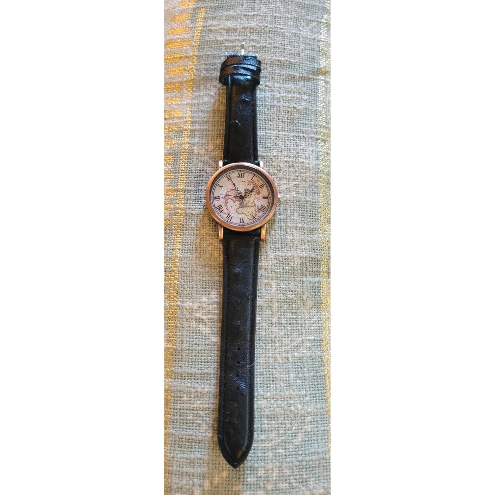 Vintage World Map Watch, Unisex, Black Leather Strap