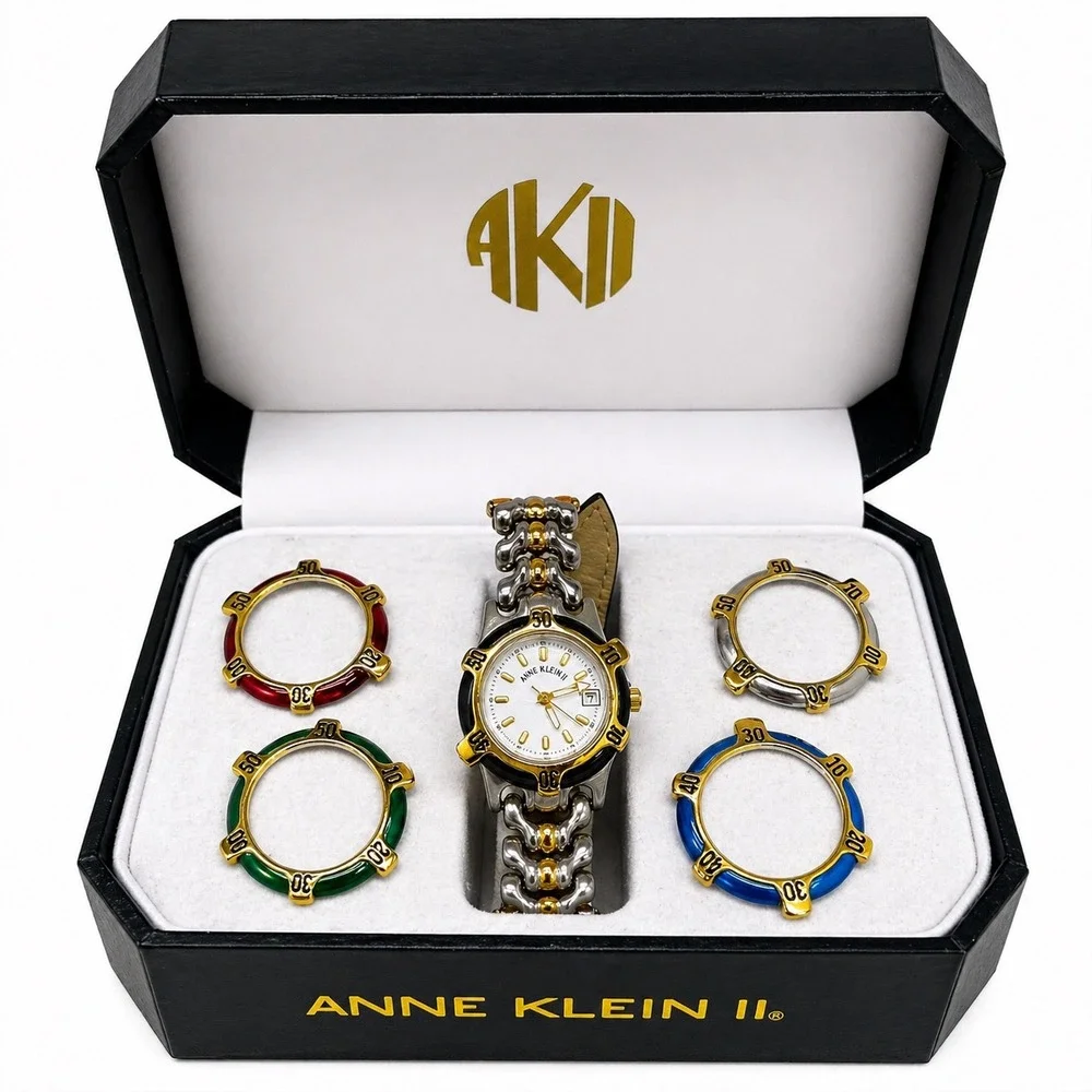 Anne‎ Klein II Vintage Watch Set Two Tone Leather Strap 4 Interchangeable Bezels