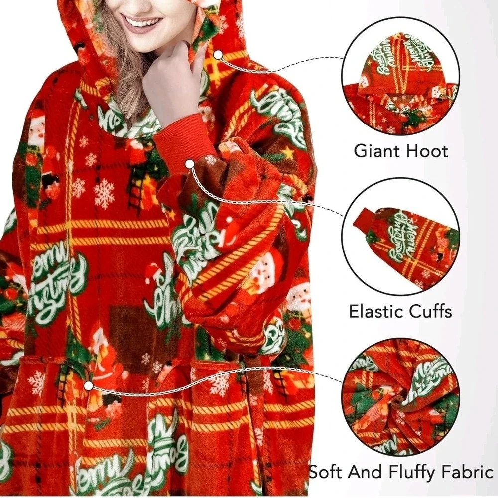 Christmas‎ Oversized Flannel Wearable Blanket Hoodie for Adults, One Size