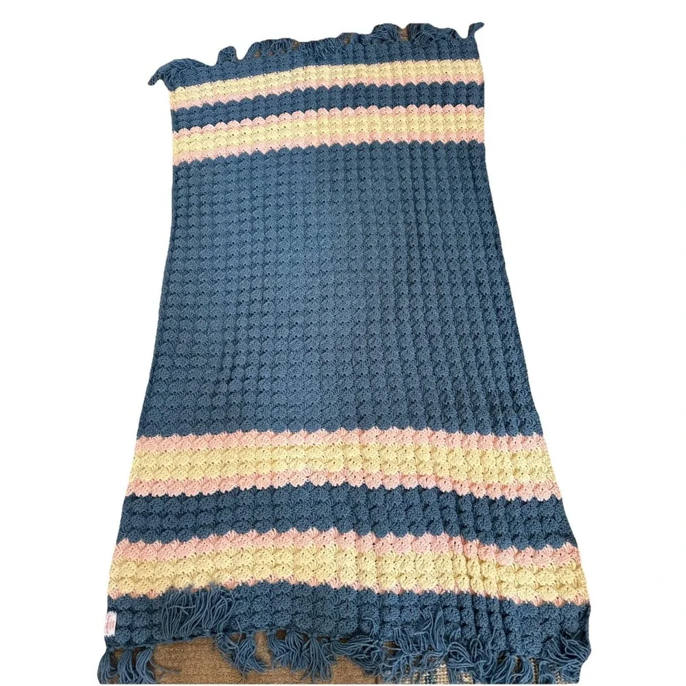Afghan Blue Pink Off White‎ Handmade By Mother Blanket 72