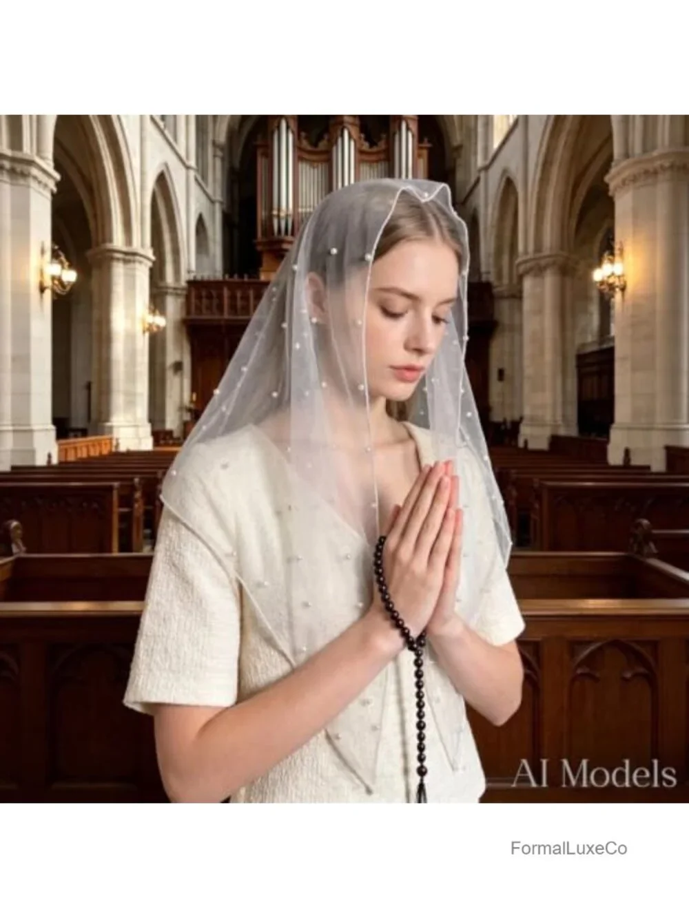 Triangle Tulle Pearl Veil Scarf - Church Wedding Prayer Head Covering