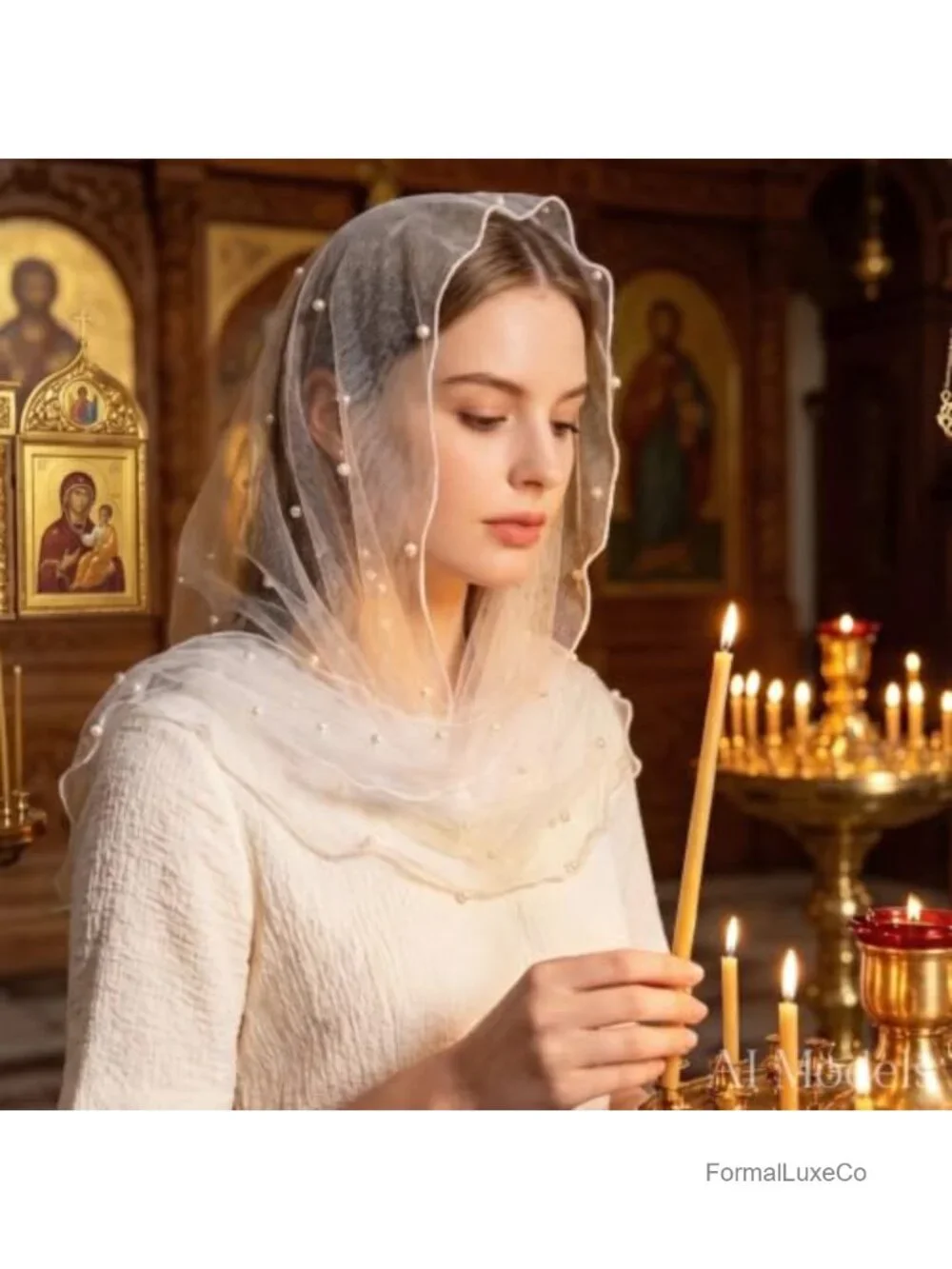 Triangle Tulle Pearl Veil Scarf - Church Wedding Prayer Head Covering