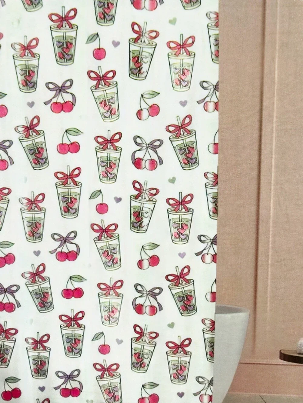 Betsey Johnson Matcha & Cherry Print PEVA Shower Curtain Liner