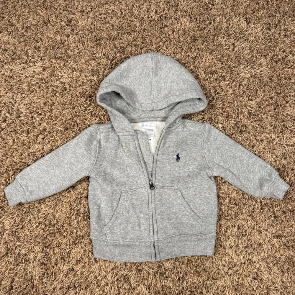 Ralph‎ Lauren Baby Boys Heather Gray Full Zip Fleece Hoodie 9M Pony Logo