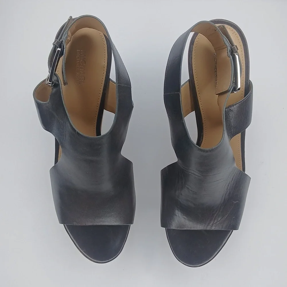 Michael Kors‎ Wedge Sandals Womens 10 Dark Brown Leather Wood Platform Buckle