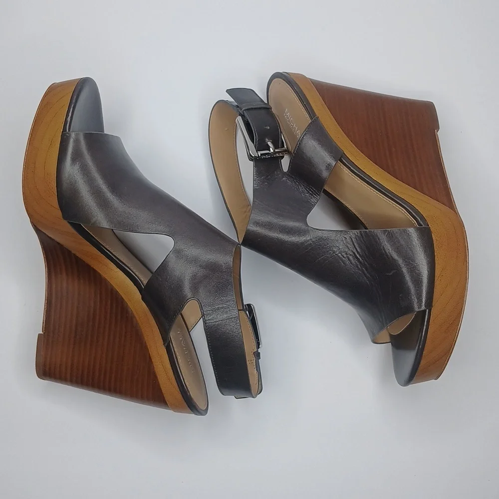 Michael Kors‎ Wedge Sandals Womens 10 Dark Brown Leather Wood Platform Buckle