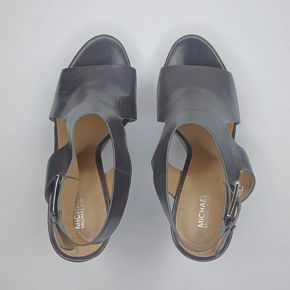 Michael Kors‎ Wedge Sandals Womens 10 Dark Brown Leather Wood Platform Buckle