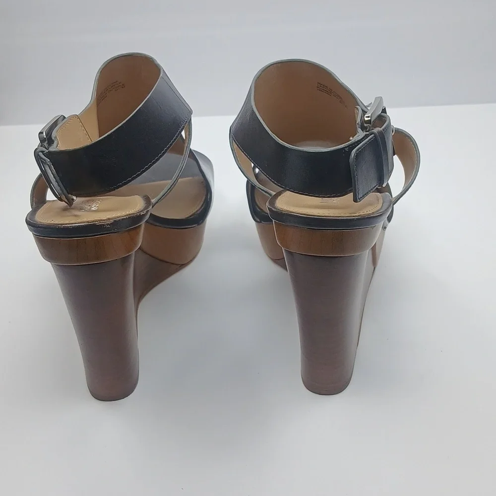 Michael Kors‎ Wedge Sandals Womens 10 Dark Brown Leather Wood Platform Buckle