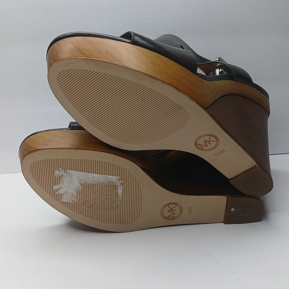 Michael Kors‎ Wedge Sandals Womens 10 Dark Brown Leather Wood Platform Buckle
