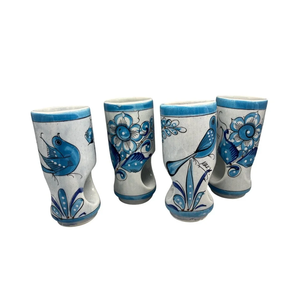 4 Tonala Pierced Tumblers Blue Bird , Flowers Hand Painted Vtg Mexico‎ Pottery