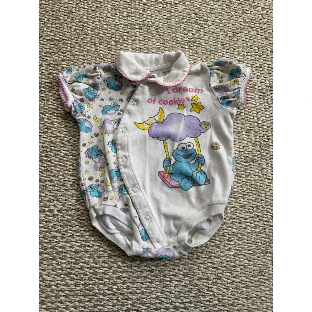 Sesame Street Cookie Monster Romper White Pink 6-9M Infant vintage y2k‎ 90's
