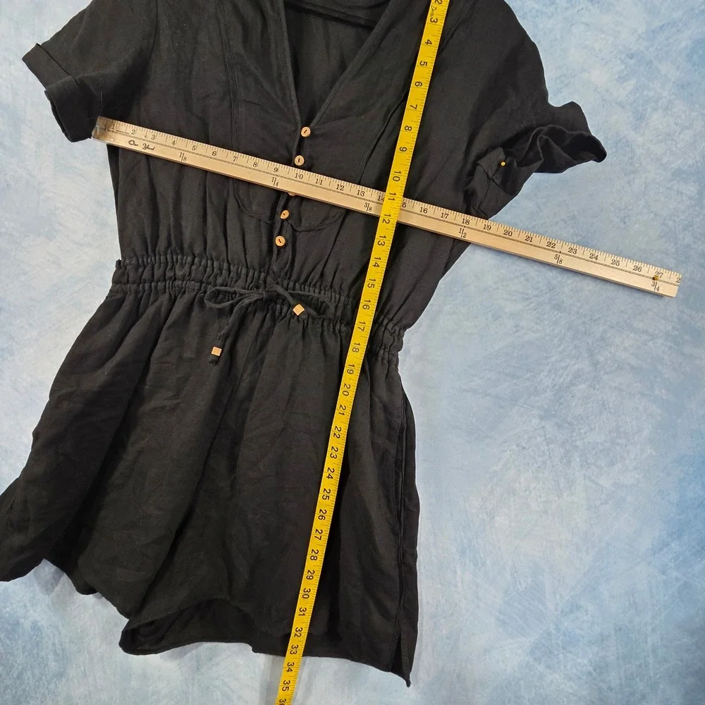 Zara Black Linen Blend Short Sleeve Button Front Drawstring Romper‎ Womens M