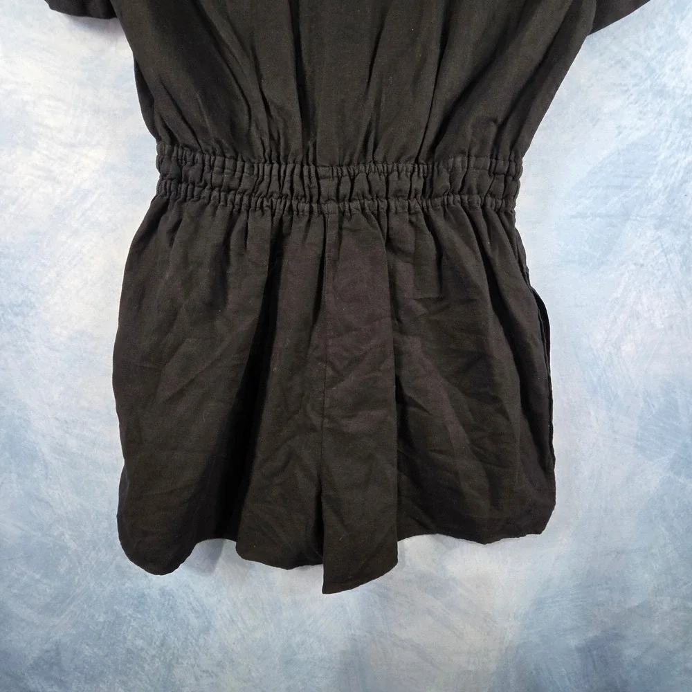 Zara Black Linen Blend Short Sleeve Button Front Drawstring Romper‎ Womens M