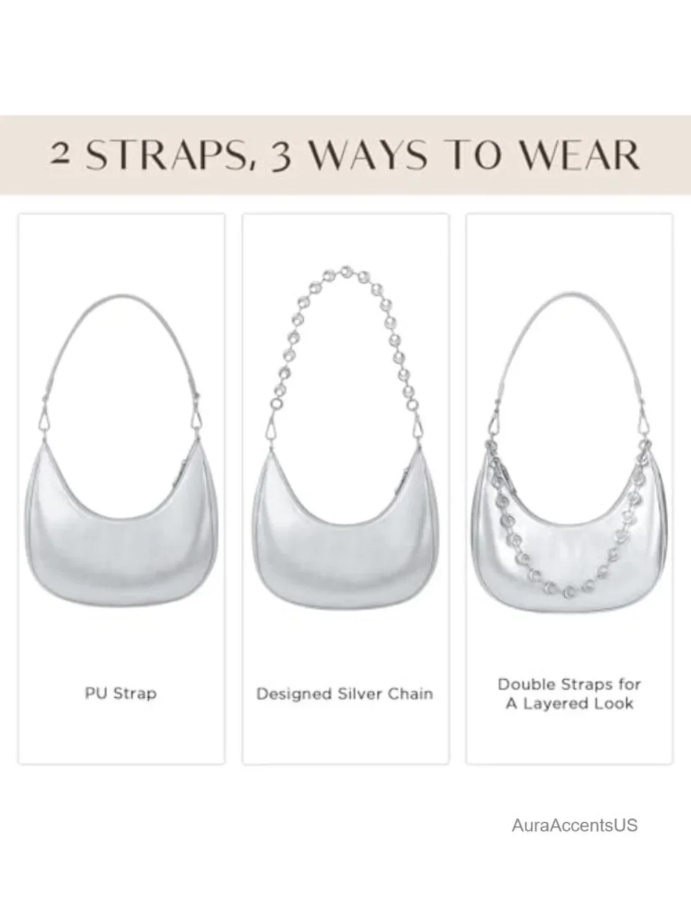 PU Leather Crescent Hobo Shoulder Bag with Chain Strap, Work Casual Evening