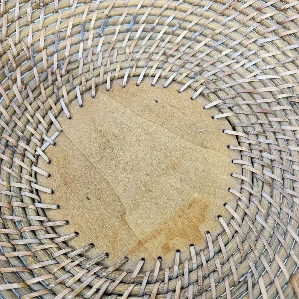 Boho Wicker Woven Fruit Basket United Wood Base Wide Oval Serving Storage 13x5