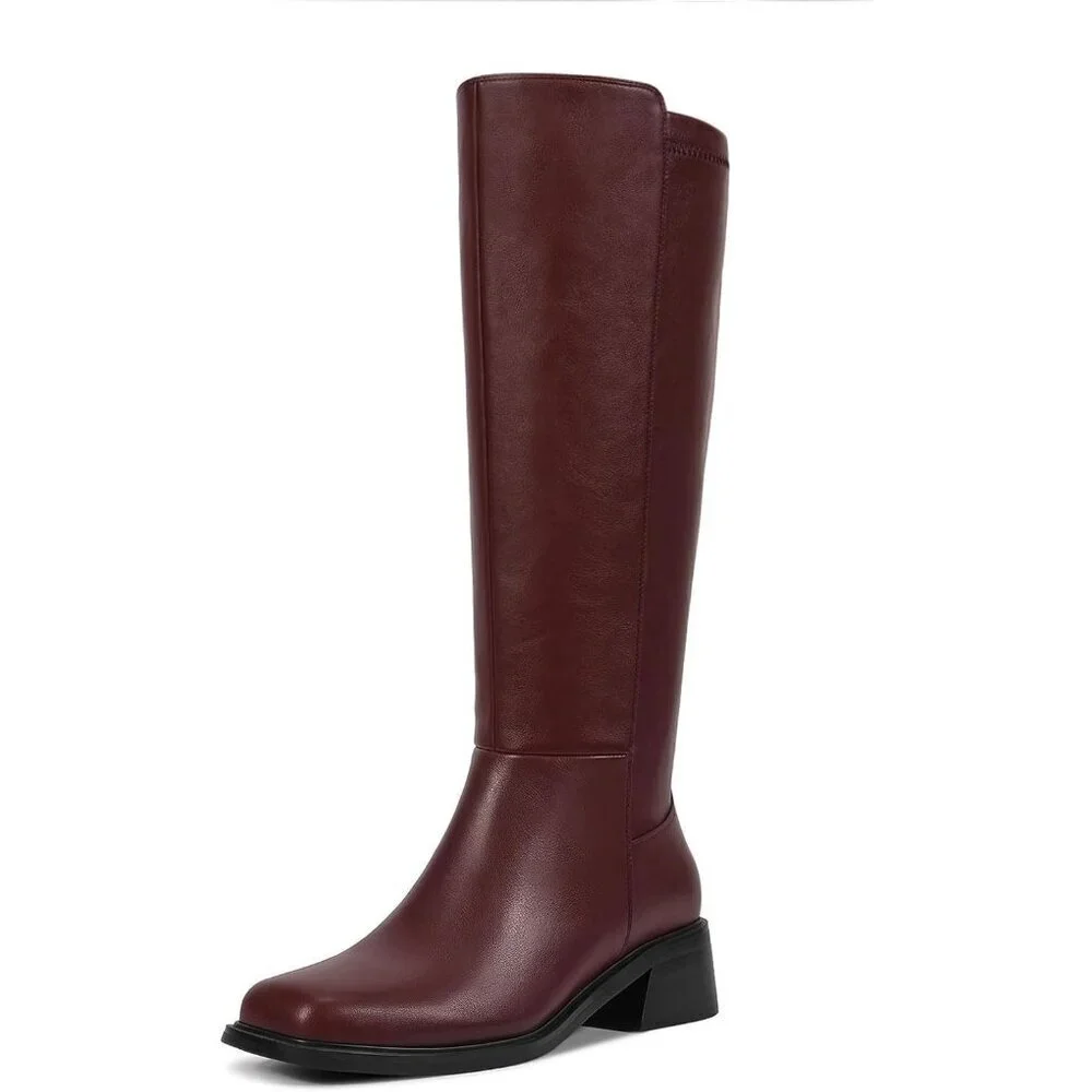 Women Brown Chunky Low Heel Square Toe Elastic Tall Boots Side Zipper PU Lea
