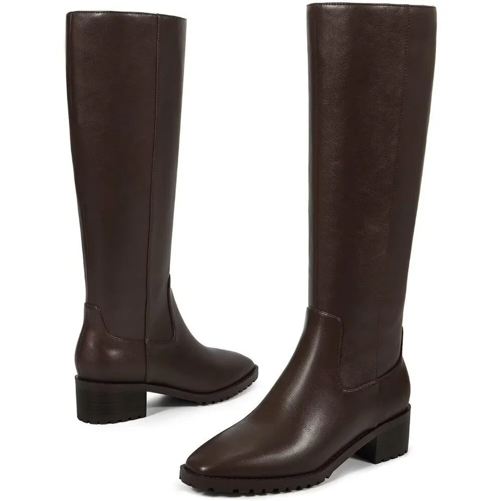 Women Brown Chunky Low Heel Square Toe Elastic Tall Boots Side Zipper PU Lea