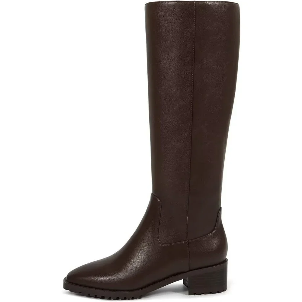 Women Brown Chunky Low Heel Square Toe Elastic Tall Boots Side Zipper PU Lea