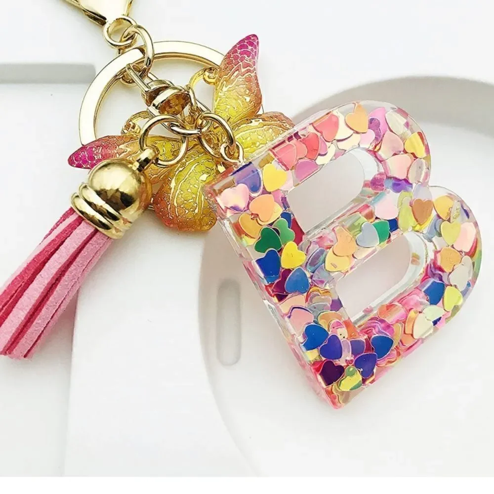 Pink Initials Heart Tassel Keychain