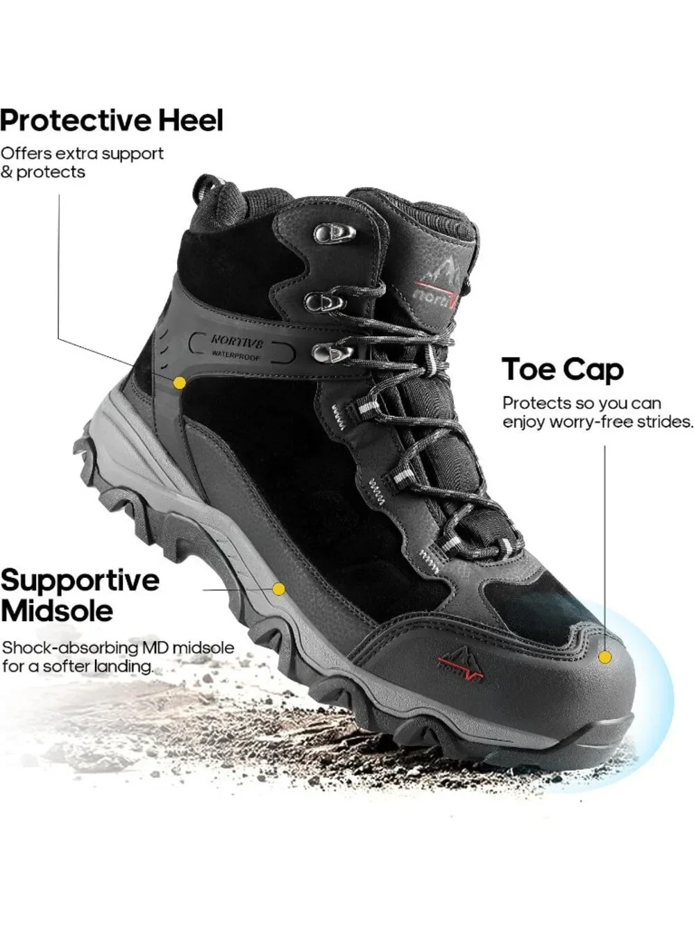 Men's Black Waterproof Shoes Casual Mid Top Round Toe Non Slip Hiking Boots