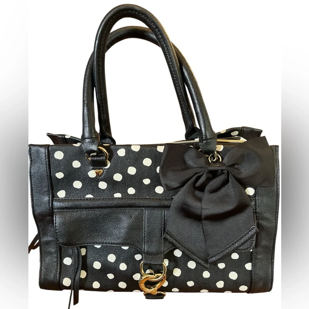 Betsey Johnson Black & White Polka Dot Satchel w/handles, heart clip & Bow Charm