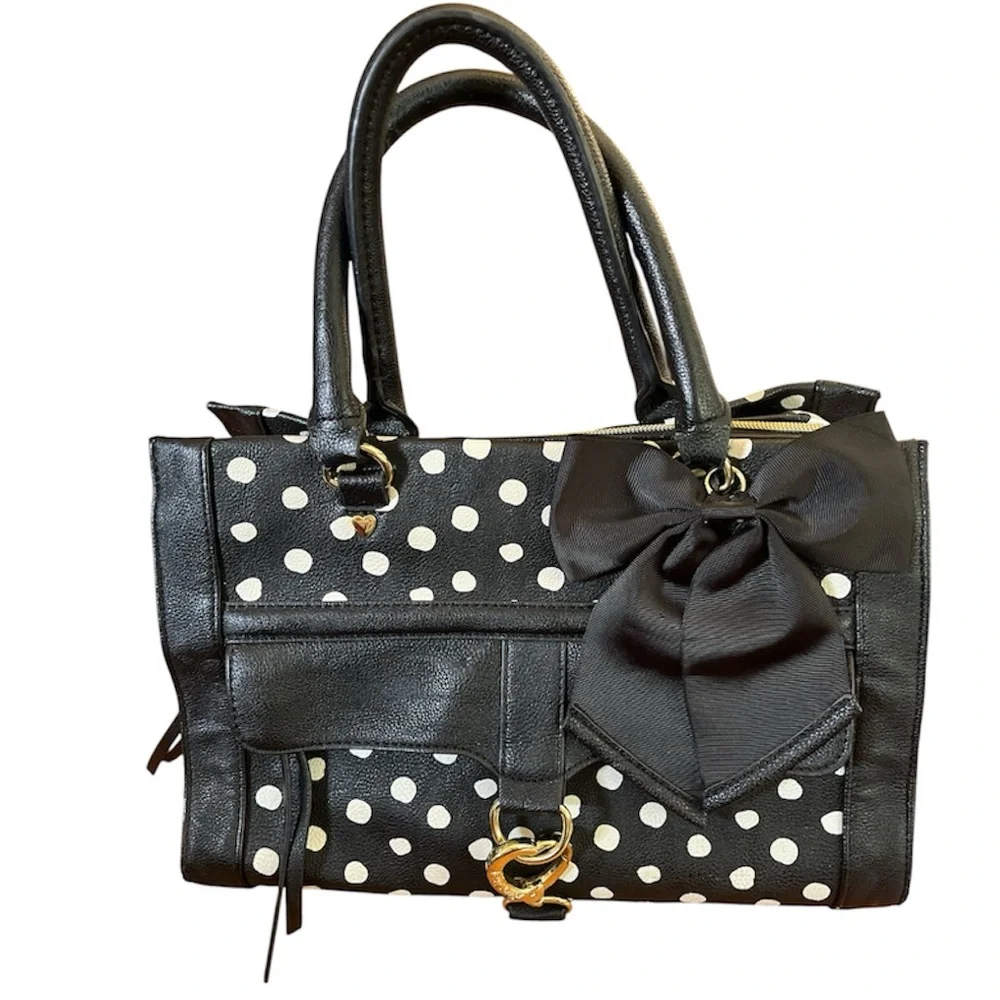 Betsey Johnson Black & White Polka Dot Satchel w/handles, heart clip & Bow Charm