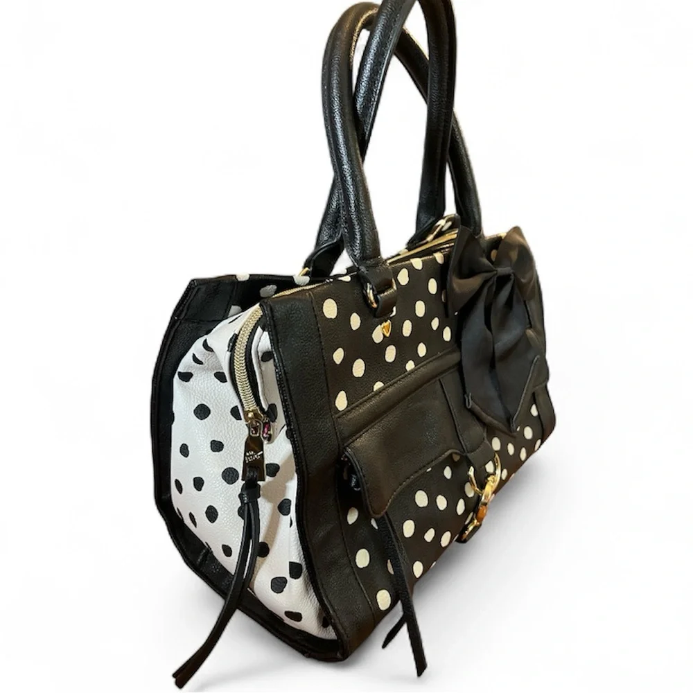 Betsey Johnson Black & White Polka Dot Satchel w/handles, heart clip & Bow Charm