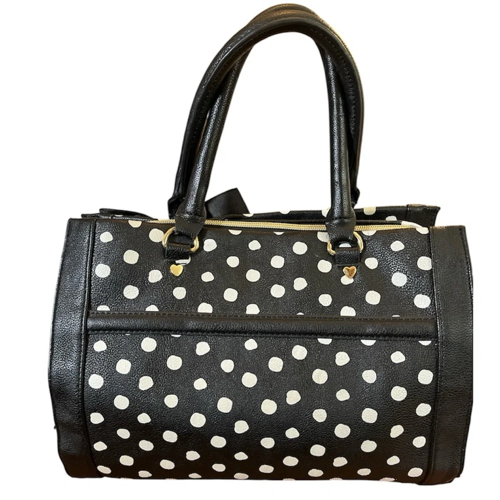 Betsey Johnson Black & White Polka Dot Satchel w/handles, heart clip & Bow Charm