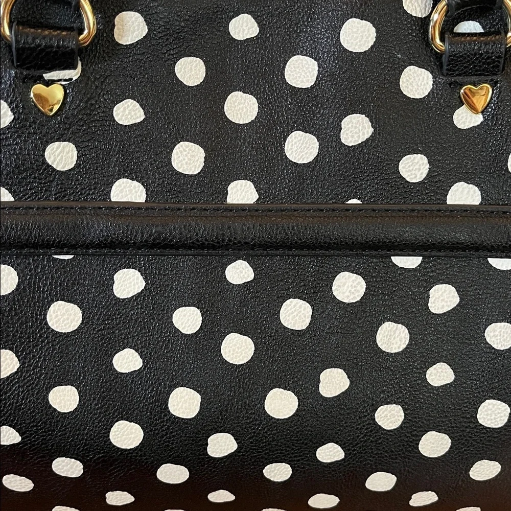 Betsey Johnson Black & White Polka Dot Satchel w/handles, heart clip & Bow Charm