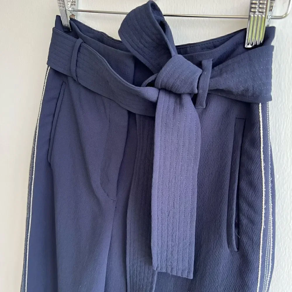 Aritzia Wilfred Women Size 2 Tie Front High Rise Cropped Ankle Blue Pants Belted