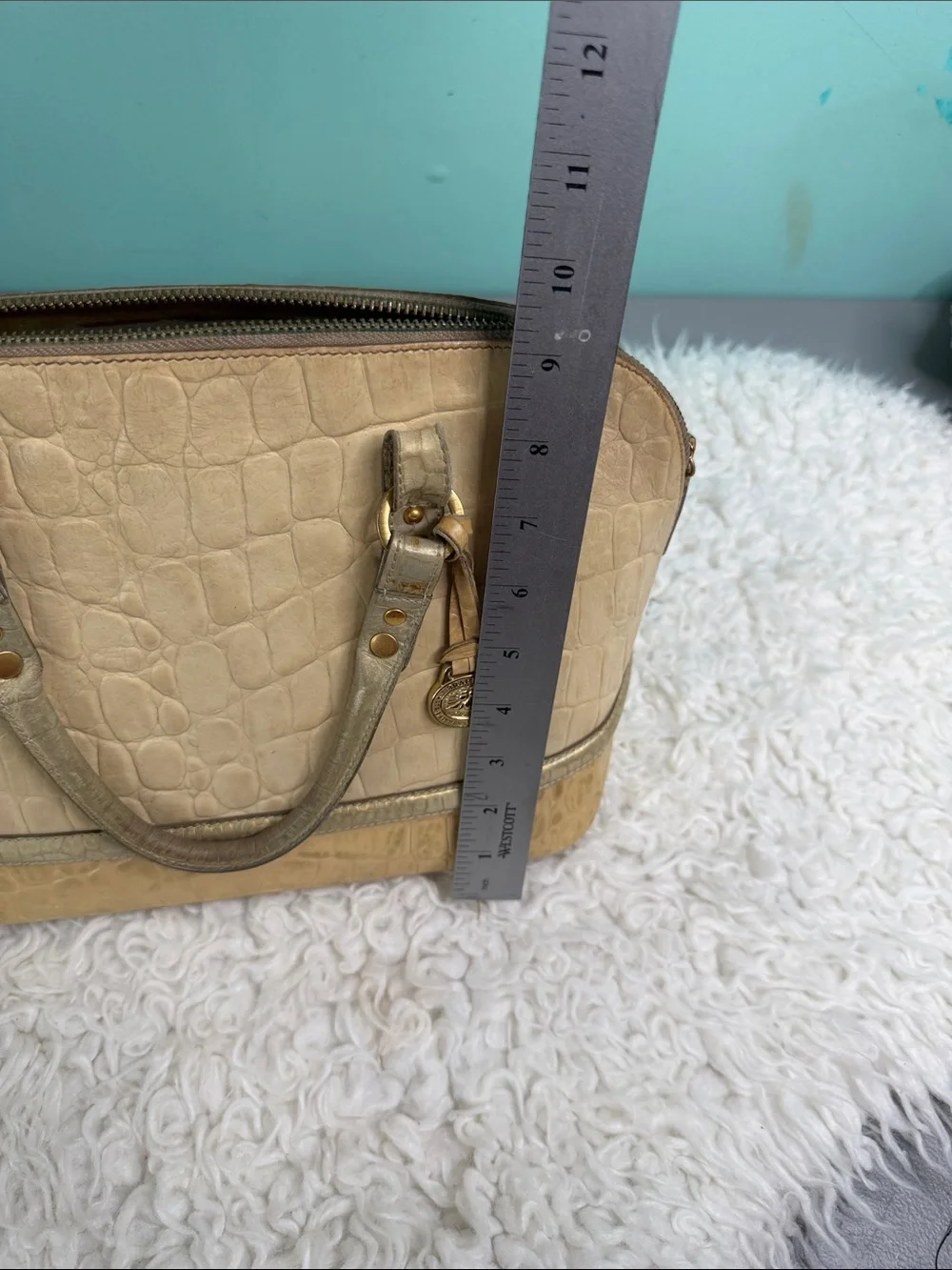 Brahmin Dome Classic Croc-Embossed Dome Satchel in Cream and Tan,NO LONG STRAP