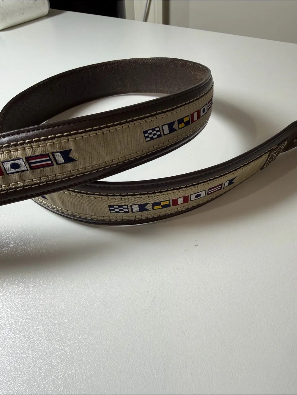 Vintage Leatherman Nautical Theme Sailing Flags Brown Leather Belt Canvas Inlay