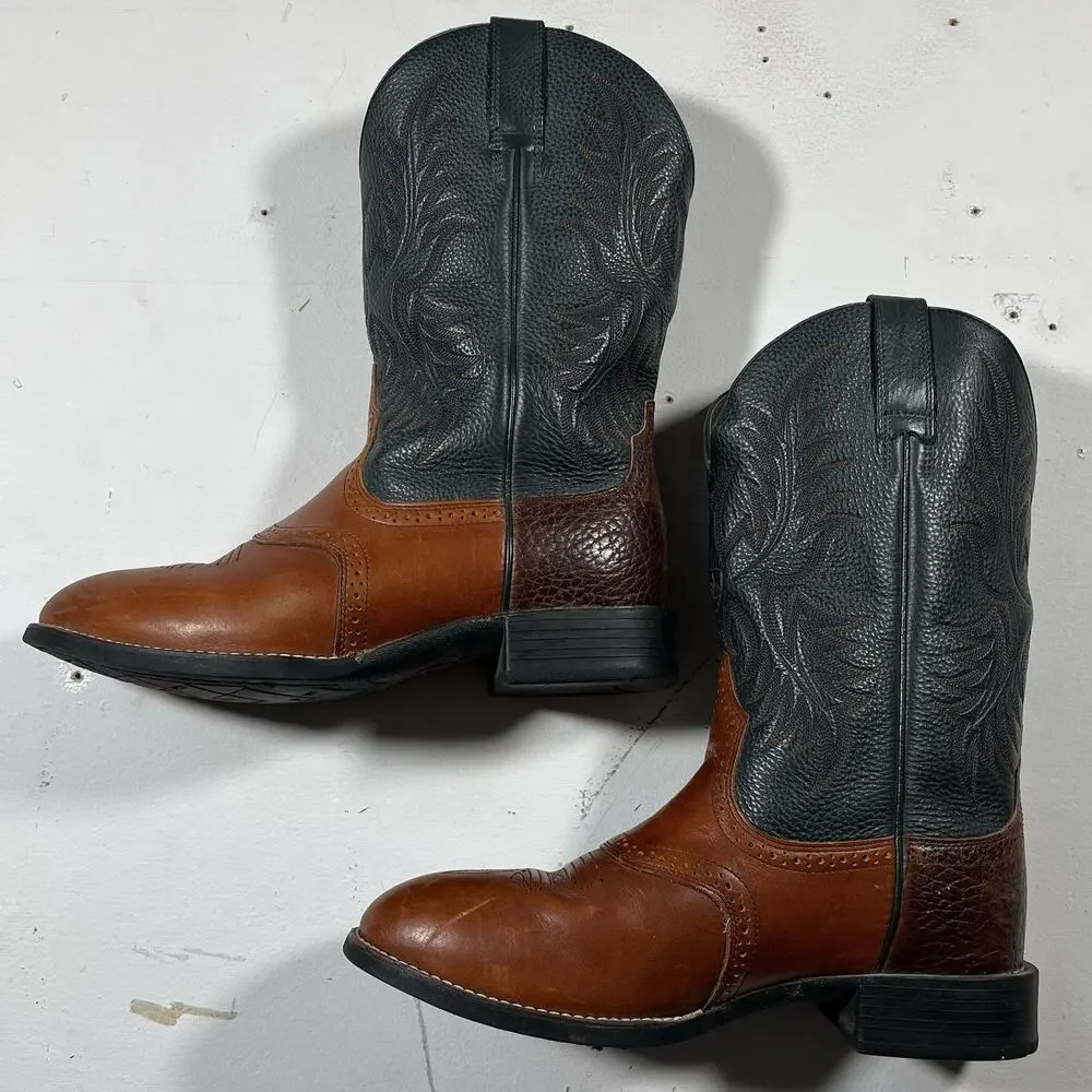 Ariat Western Cowboy Boots Brown Blue Leather Square Toe Men’s 9.5 EE