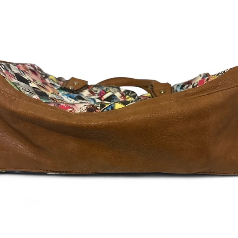 Funky Magazine Print Patchwork Tote Shoulder Bag Brown Trim 12x10x6 Y2K