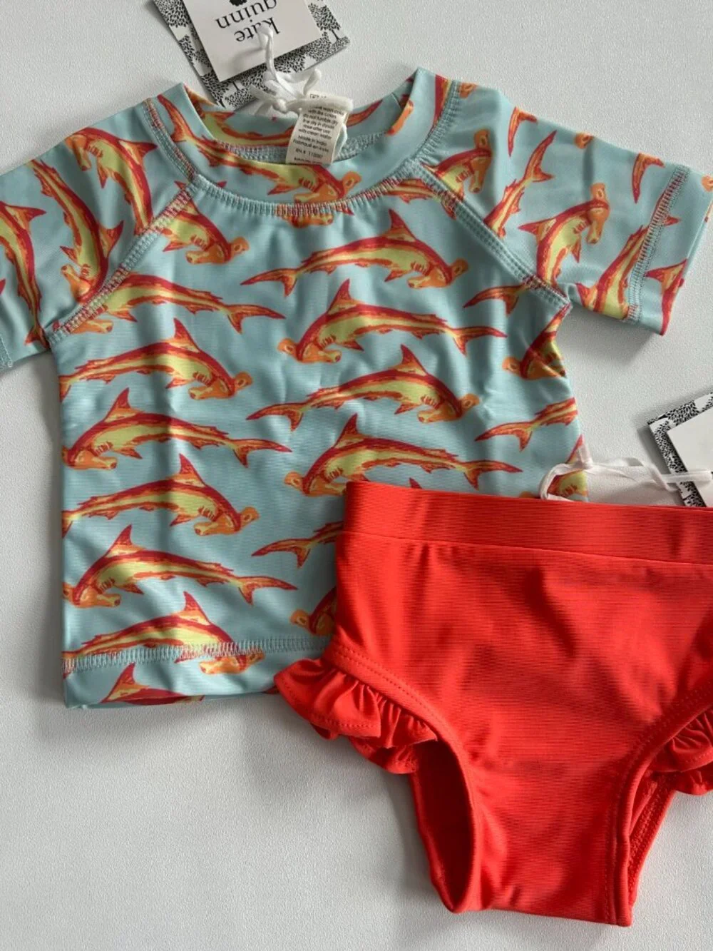 NWT Kate Quinn Shark Rash Guard & Ruffle Swim Suit Set 3-6M UPF 50+