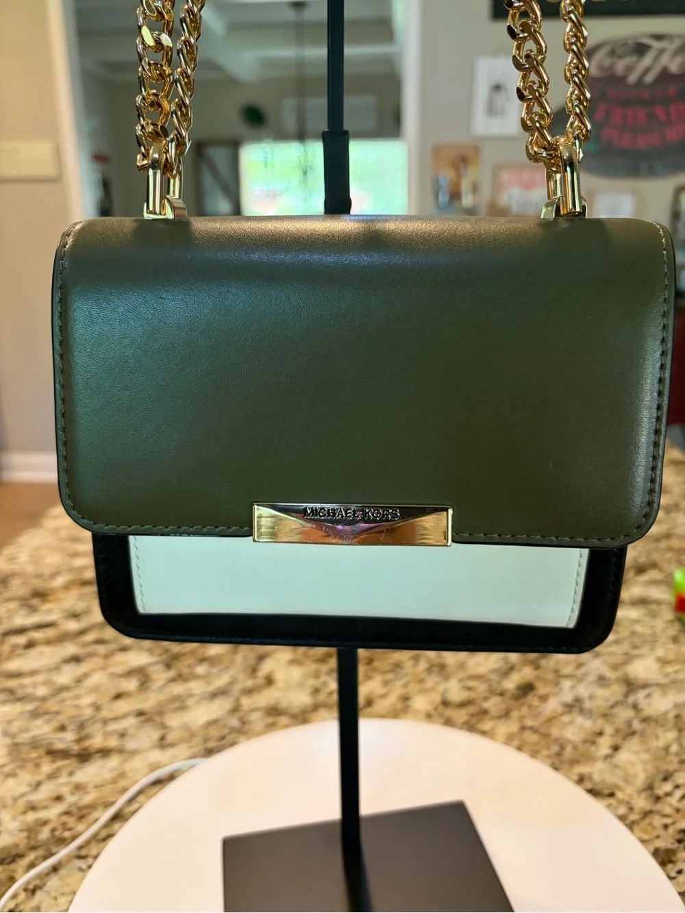 Michael Kors Olive Green and White Chain Strap Crossbody