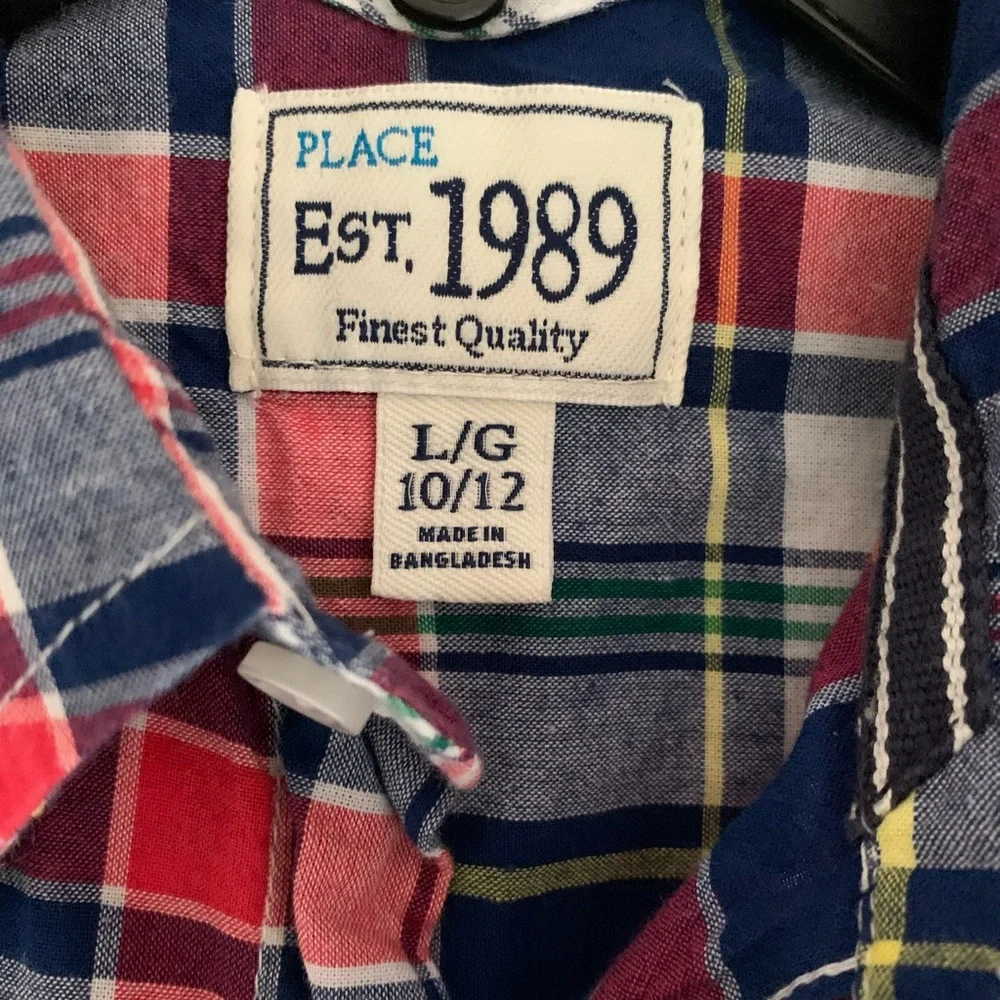 Children’s Place Shirt Boy L 10/12 Red White Blue Plaid Button Down Short Sleeve